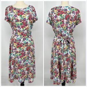 Vtg Jody California A Line Midi Dress Modern Sz M Colorful Floral 3D Rosette USA